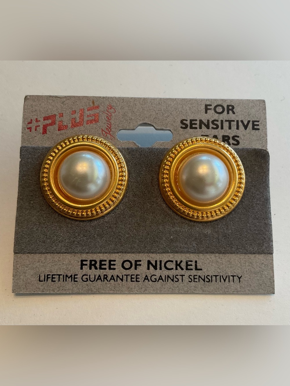+Plus Gold Tone Imitation Pearl Round Stud Earrings Nickel-Free Butterfly Back.